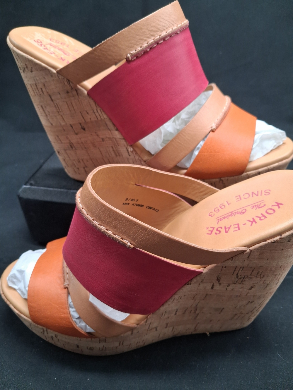 Kork-Ease Pink and Orange Cork Wedge Slide Sandals